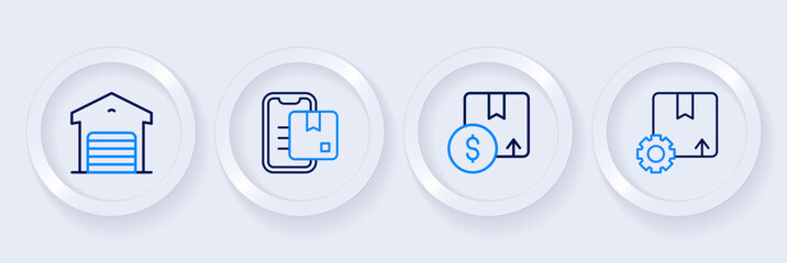 Set line Gear with package box, Carton cardboard, Document tracking marker and Warehouse icon. Vector