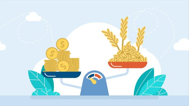 Money and grain are on scales. Wheat grains. Agricultural business. Graph growing grain crops. Wheat growth. High price. Increase income. New high harvest. Natural organic food. 2d flat animation