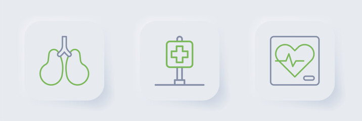 Set line Heart rate, Location hospital and Lungs icon. Vector