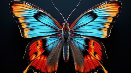 a colorful butterfly with long wings on a black background with a black background.  generative ai