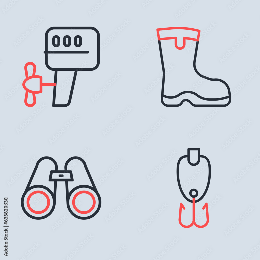 Sticker Set line Fishing boots, Binoculars, lure and Outboard boat motor icon. Vector