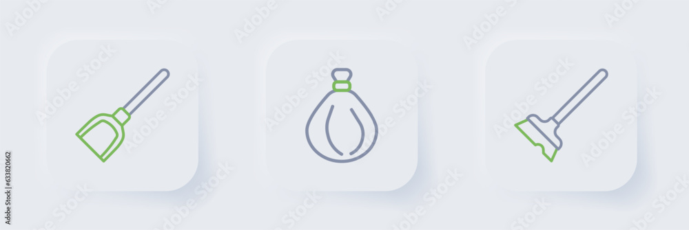 Poster set line mop, garbage bag and dustpan icon. vector