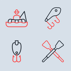 Set line Fishing lure, Crossed oars or paddles boat and Fisherman icon. Vector