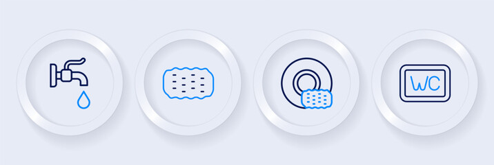 Set line Toilet, Washing dishes, Sponge and Water tap icon. Vector