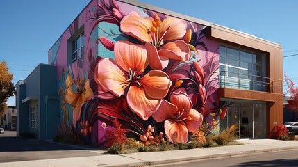  a large mural of flowers painted on the side of a building.  generative ai