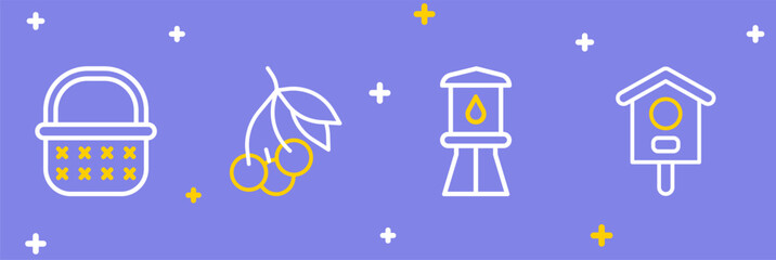 Set line Bird house, Water tower, Fresh berries and Wicker basket icon. Vector