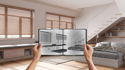 Fototapeta na wymiar Hands holding notepad with bedroom design blueprint sketch or drawing. Real interior design project background. Before and after concept, architect designer work flow idea