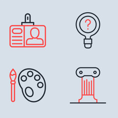 Set line Unknown search, Paint brush with palette, Law pillar and Identification badge icon. Vector