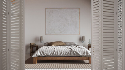 White folding door opening on minimal japandi bedroom with double bed, bright resin floor, modern interior design, architect designer concept