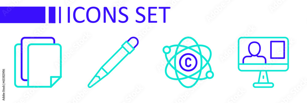 Poster set line online class, atom, pencil with eraser and file document icon. vector