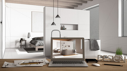 Architect designer desktop concept, laptop on wooden work desk with screen showing interior design project, blueprint draft background, japandi bathroom and bedroom