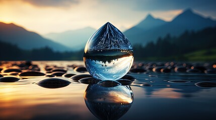  a water droplet with a mountain in the background and a lake in the foreground.  generative ai
