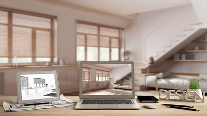 Architect designer desktop concept, laptop and tablet on wooden desk with screen showing interior design project and CAD sketch, minimal japandi living room
