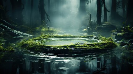  a swampy area with moss growing on the ground and a pond in the middle.  generative ai