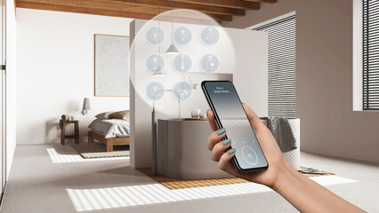 Smart home technology interface on phone app, augmented reality, internet of things, interior...