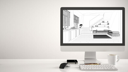 Architect house project concept, desktop computer on white background, work desk showing CAD...