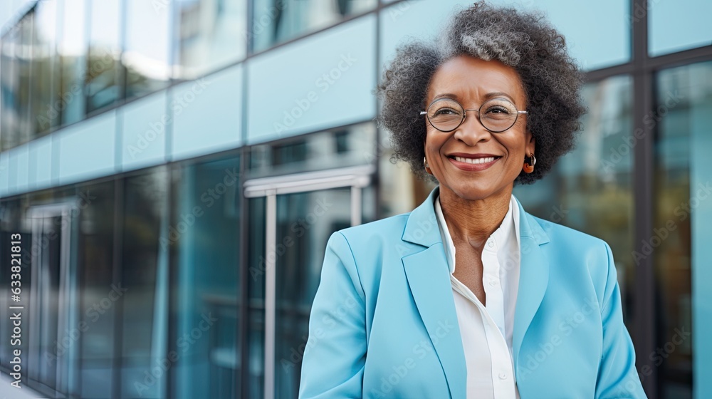 Wall mural senior black woman with smile in blue suit