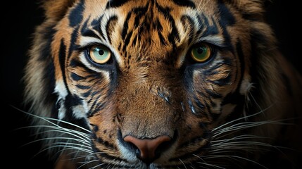  a close up of a tiger's face with green eyes.  generative ai