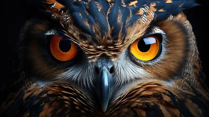Poster  a close up of an owl's face with orange eyes.  generative ai © Jevjenijs