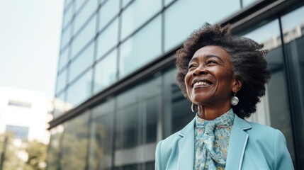 Senior black woman with smile in blue suit - obrazy, fototapety, plakaty