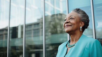 Portrait of senior black woman with smile in blue suit - obrazy, fototapety, plakaty