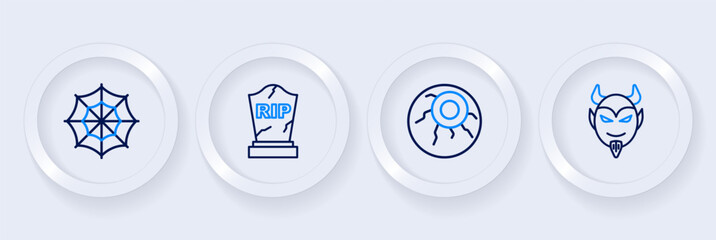Set line Devil head, Eye, Tombstone with RIP written and Spider web icon. Vector
