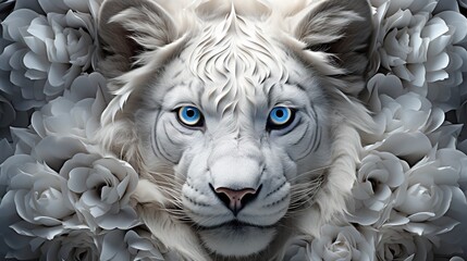  a white tiger with blue eyes surrounded by white flowers and roses.  generative ai