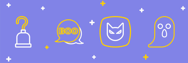 Set line Ghost, Black cat, Boo speech bubble and Pirate hook icon. Vector