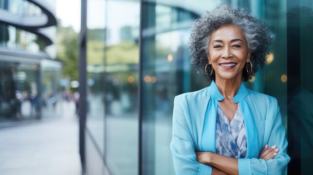 Senior black woman with smile in blue suit