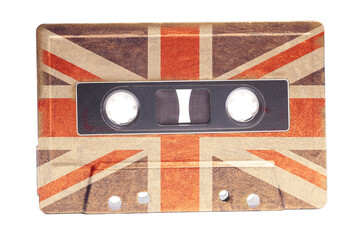 Audio cassette tape painted in British flag isolated on a white background.