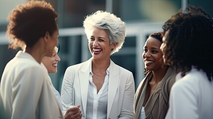 Women talking in suit with business building background
