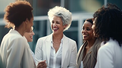 Women talking in suit with business building background - Powered by Adobe