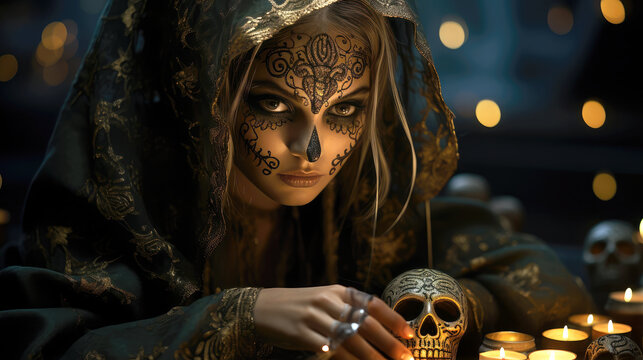 Woman repessing the holy death. Generative AI