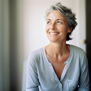 portrait au naturel de femme entre 50 et 60 ans, l&eacute;ger sourire, regard vers le haut