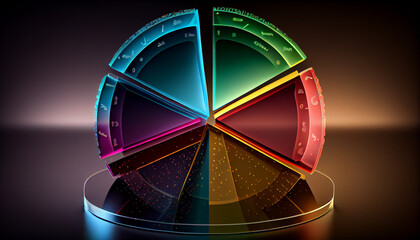 Glass morphism pie chart icon with colorful gradient light on dark background 3d render concept, background with rainbow, Ai generated image  