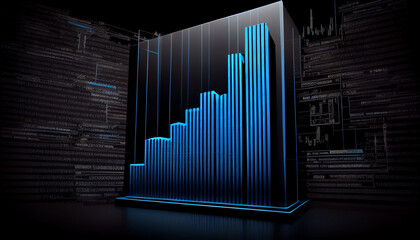  Blue bar chart on black background, investment concept, graph on digital screen, Ai generated image 