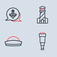 Set line Lighthouse, Sailor hat, Spyglass telescope lens and Anchor icon. Vector