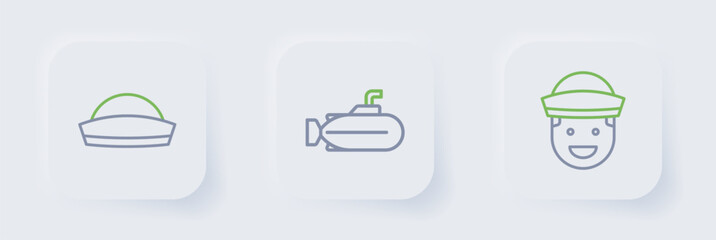 Set line Sailor, Submarine and hat icon. Vector