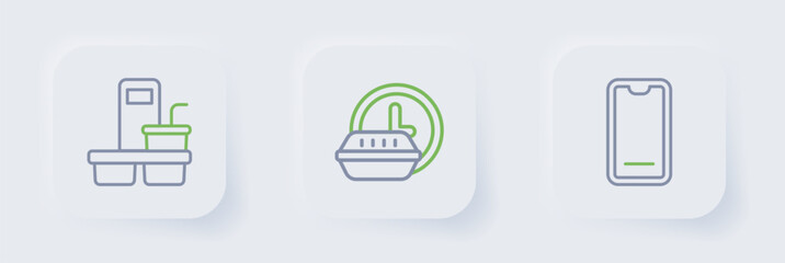 Set line Food ordering on mobile, Round the clock delivery and Coffee cup to go icon. Vector