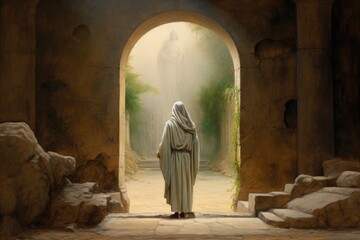 Rebirth's Echo: Tomb Gateway, Figure Present, Resonating with the Scene of Lazarus' Revival by Jesus Generative AI	
