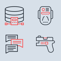 Set line Artificial intelligence robot, Speech bubble chat, Futuristic weapon and Cloud database icon. Vector