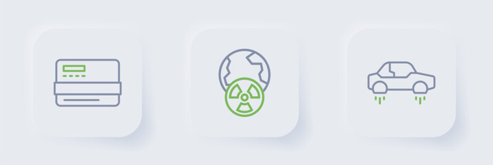 Set line Fantastic flying car, Planet earth and radiation and Credit card icon. Vector