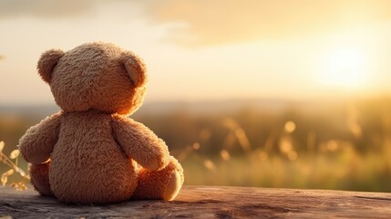 Back view of Teddy bear sitting and watching sunset. Generative AI