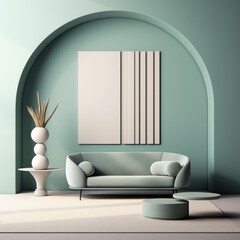  Minimalistic home interior in mint color. Empty wall and sofa, mock up, design. AI generative, illustration