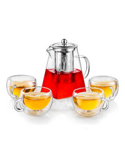 Glass Teapot and cups with red tea on white background