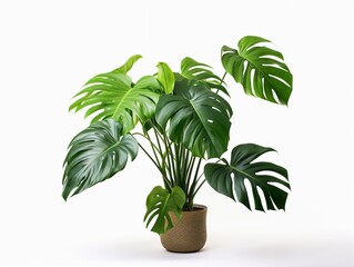 clean image of a large leaf house plant Monstera deliciosa in a pot on a white background

