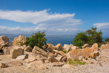 The coast near Bol on the south coast of Brac Island in Croatia in May. Looking towards Hvar Island
