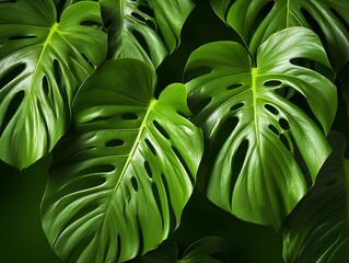 Monstera leaves background. Top view, flat lay, plants, monstera plant, green background, tropical forest plant
