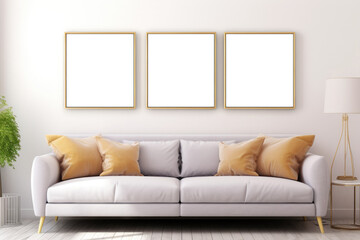 Wall art mockup, Three frames with wooden borders, Living room with white background, Empty mockup frame