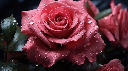  a close up of a red rose with water droplets on it.  generative ai